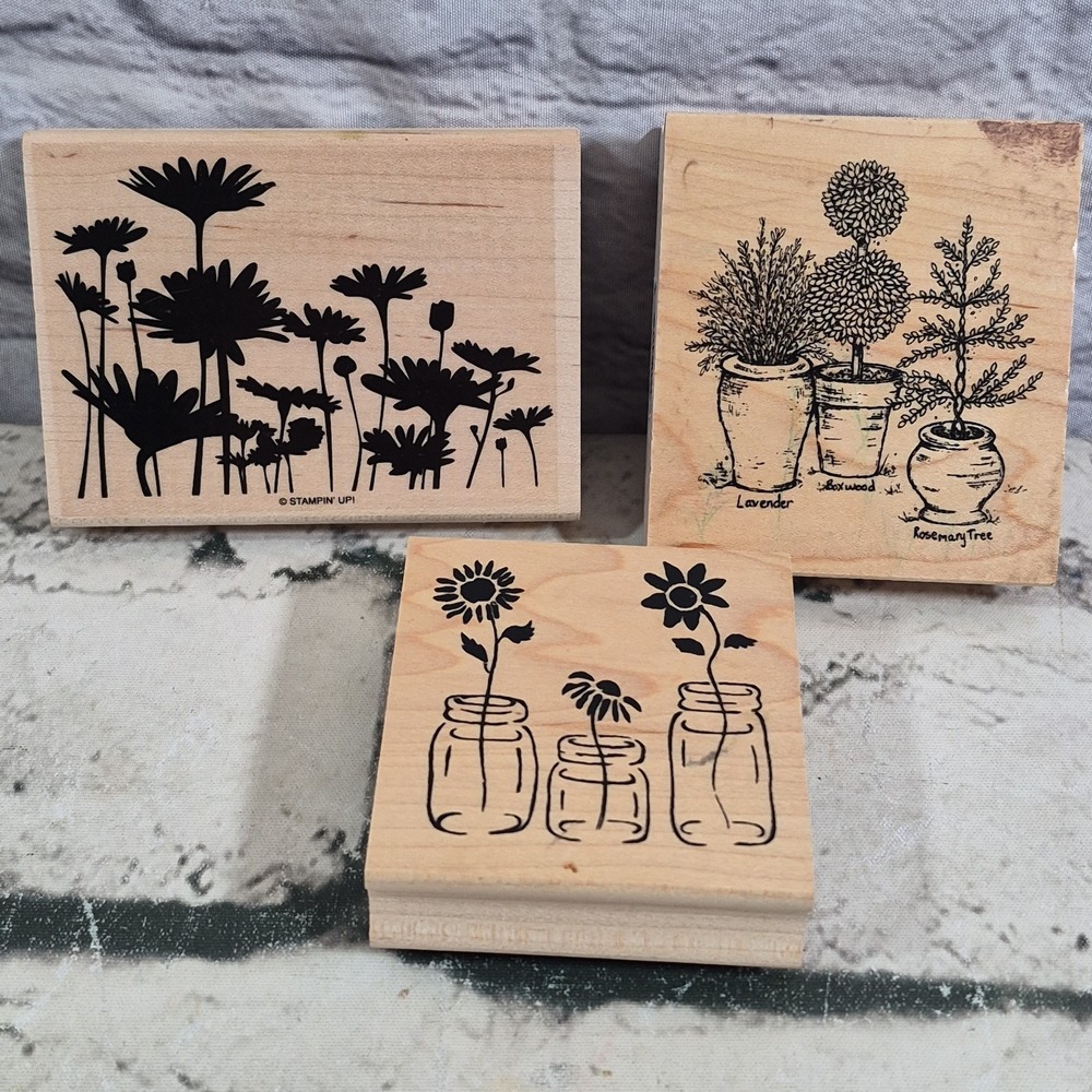 Vintage‎ Rubber Stamps Flower Lot Of 3 Wood Mounted Plants